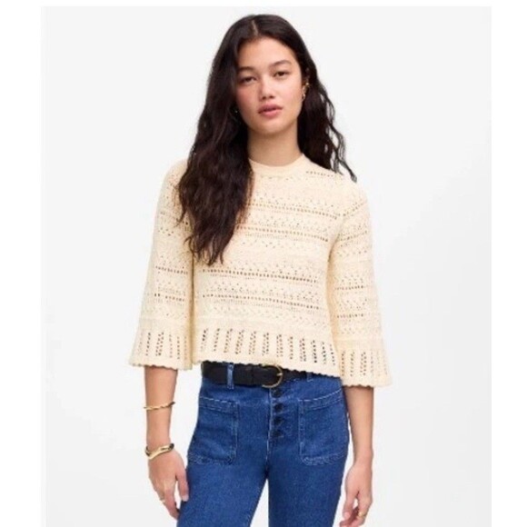 Madewell Sweaters - Madewell Women’s Crochet Sweater Sand Cotton Blend Bell Sleeve Size XL NWT NU548